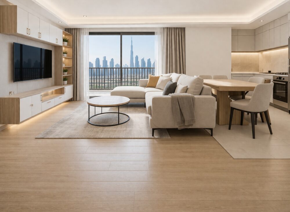 Modern small apartment interior with open living, dining, and kitchen layout and Dubai skyline balcony view