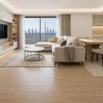 Modern small apartment interior with open living, dining, and kitchen layout and Dubai skyline balcony view