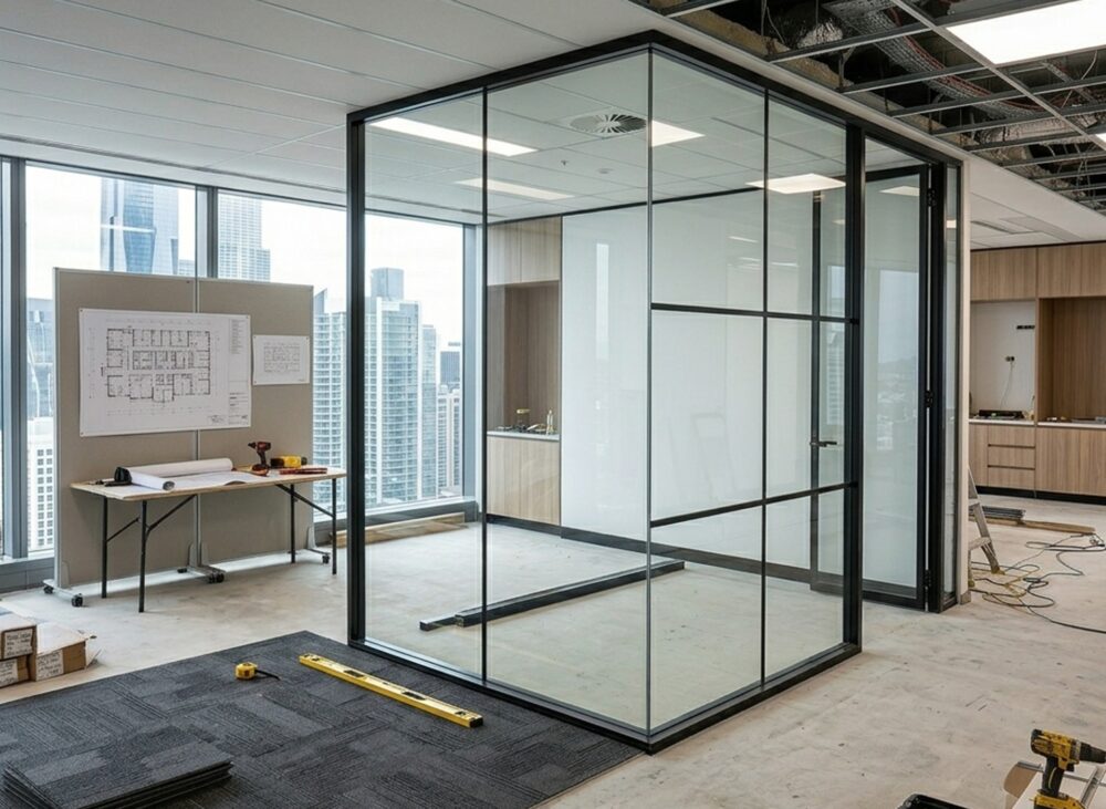 A modern Dubai office space during an interior fit-out showing glass partitions, carpet tile installation, and exposed ceiling structures.