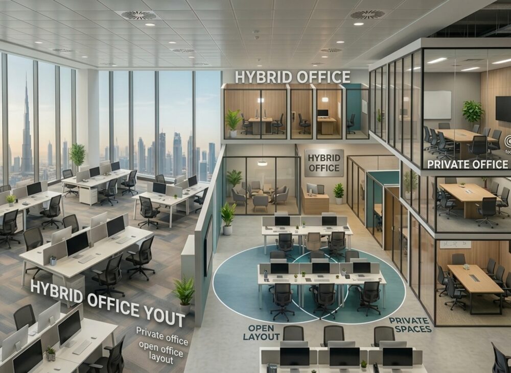 Modern office floor plan showing hybrid, open, and private office layouts