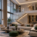 Luxury penthouse interior design in Dubai with modern living space, large windows, and premium finishes by turnkey interior contractor