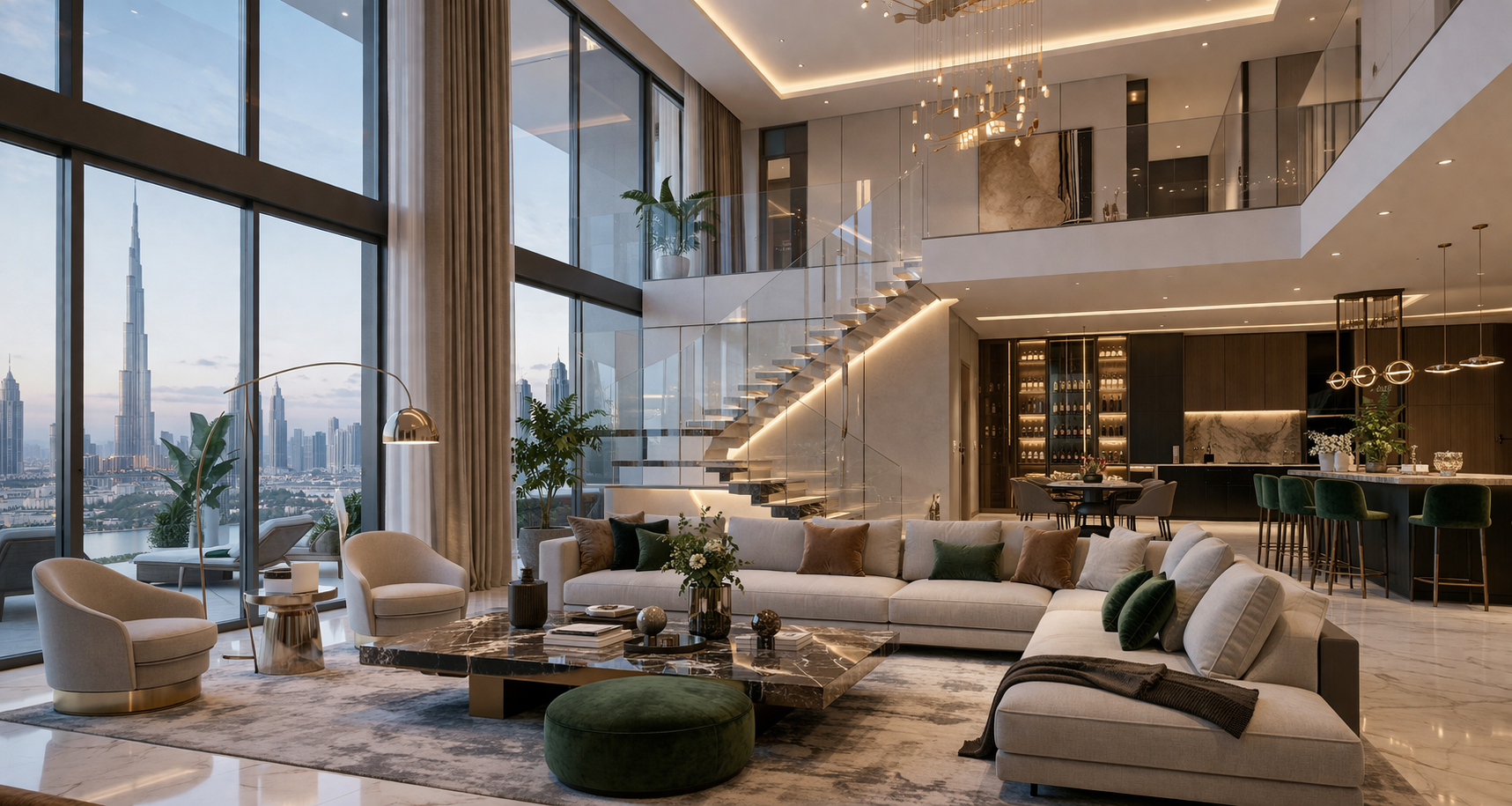 Luxury penthouse interior design in Dubai with modern living space, large windows, and premium finishes by turnkey interior contractor