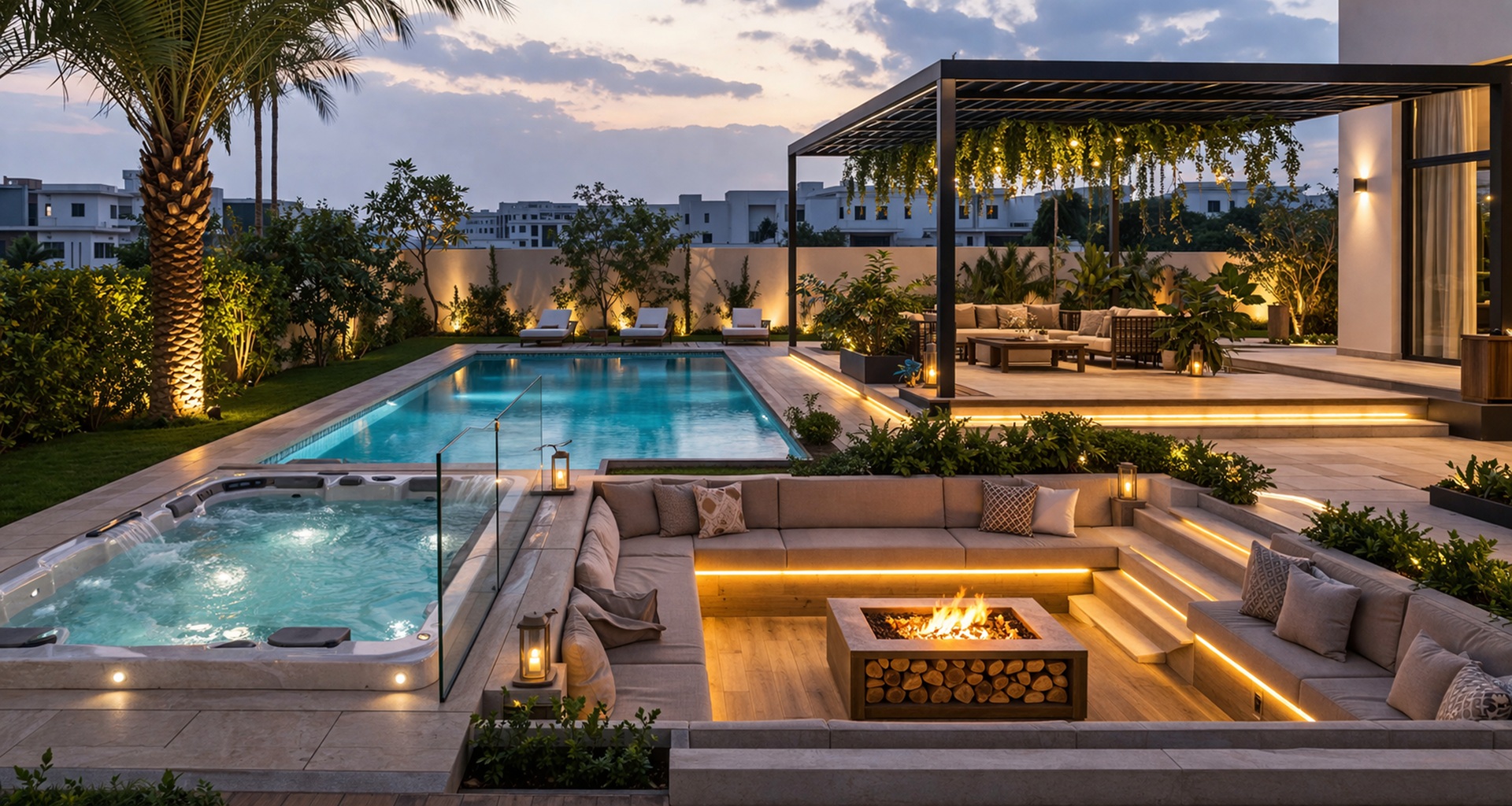 Jacuzzi with sunken seating area in modern Dubai villa