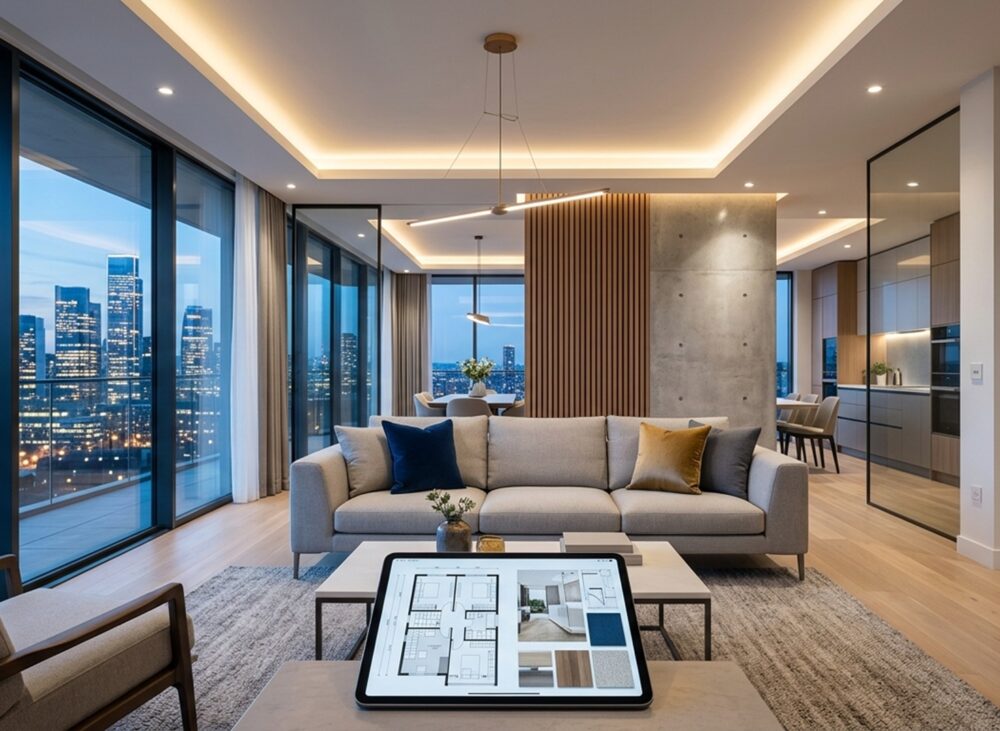 High end penthouse interior featuring open layout, warm lighting, and panoramic urban views.