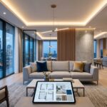 High end penthouse interior featuring open layout, warm lighting, and panoramic urban views.
