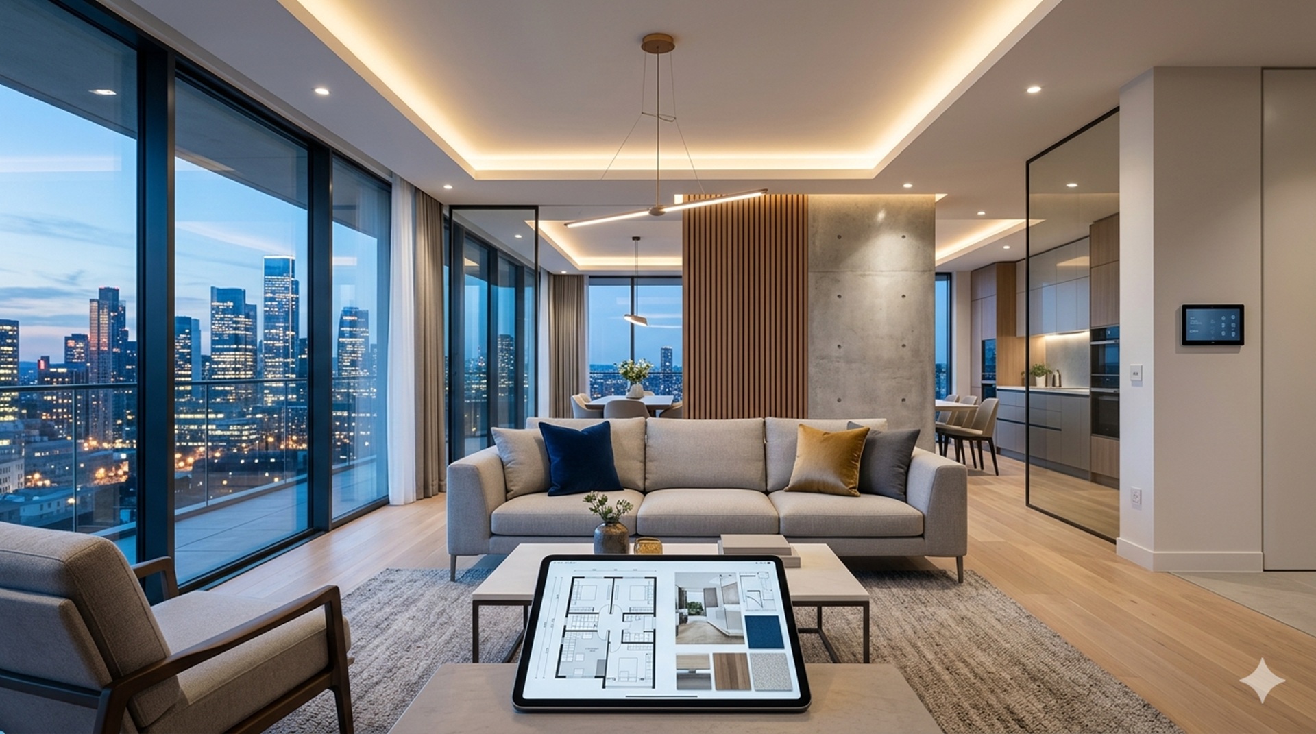High end penthouse interior featuring open layout, warm lighting, and panoramic urban views.