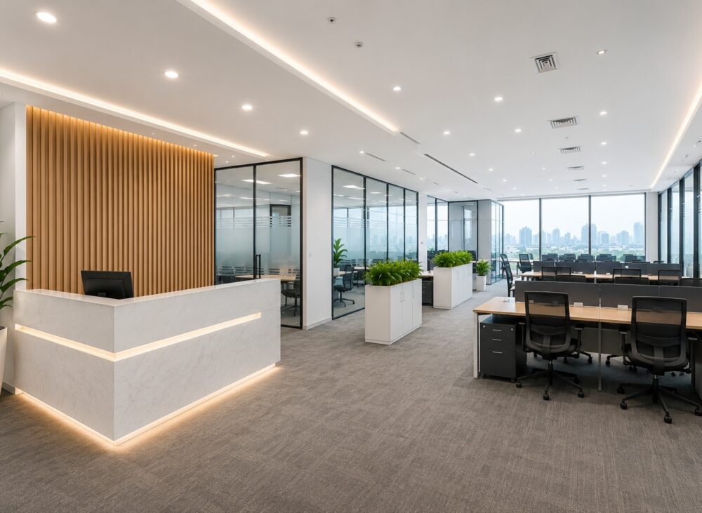 Modern office fit-out project in Dubai featuring a combined workspace created from two office units, including reception area, meeting room, open workstations, and manager cabin.