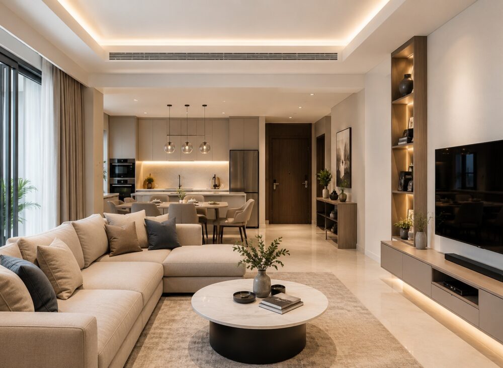 Modern apartment interior design in Dubai featuring an open-plan living room, custom storage, and space-saving fit-out solutions.