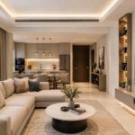 Modern apartment interior design in Dubai featuring an open-plan living room, custom storage, and space-saving fit-out solutions.