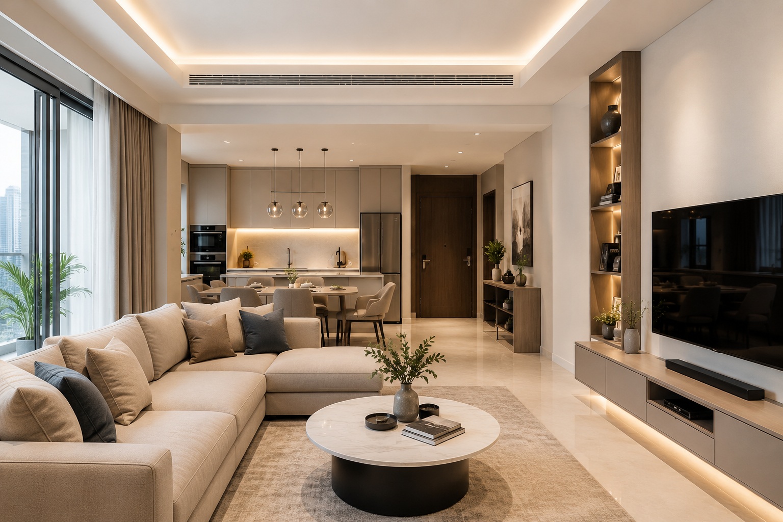 Modern apartment interior design in Dubai featuring an open-plan living room, custom storage, and space-saving fit-out solutions.