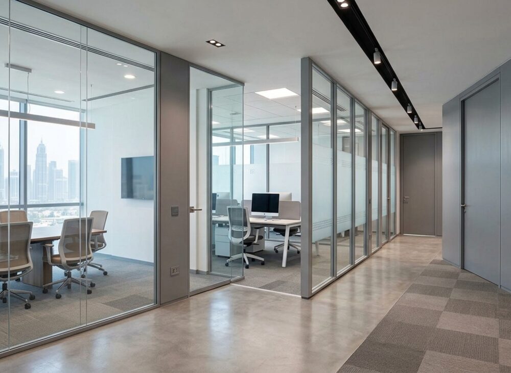 Modern commercial office with glass, aluminium, and gypsum partition systems installed for a professional workspace in Dubai, UAE