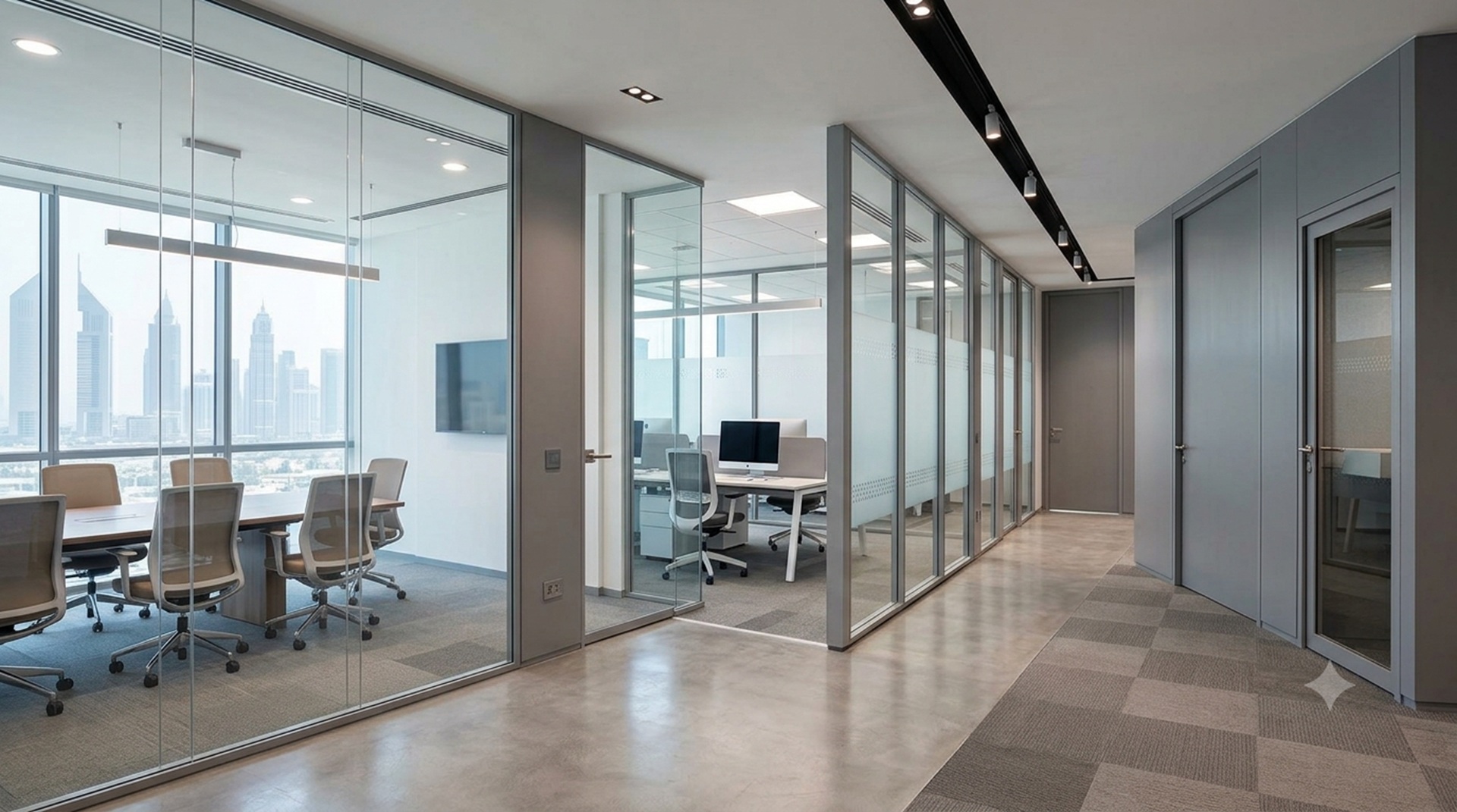 Modern commercial office with glass, aluminium, and gypsum partition systems installed for a professional workspace in Dubai, UAE