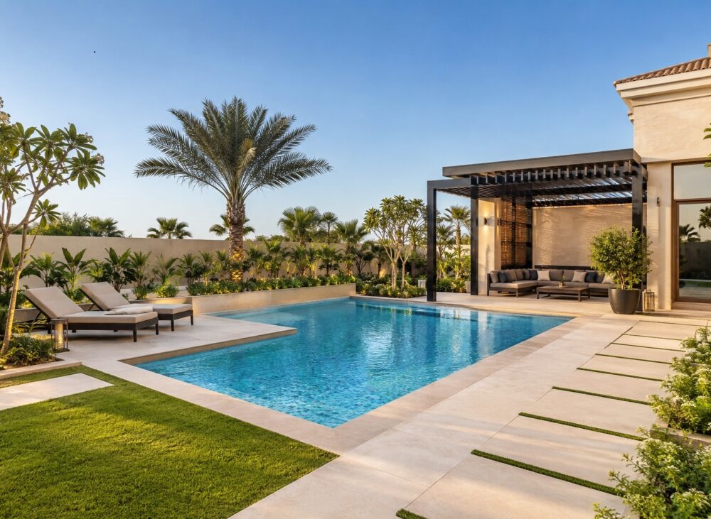 Modern Dubai villa featuring a swimming pool, landscaped garden, pergola, outdoor seating, lush greenery, and tiled walkways designed as one integrated outdoor living space.