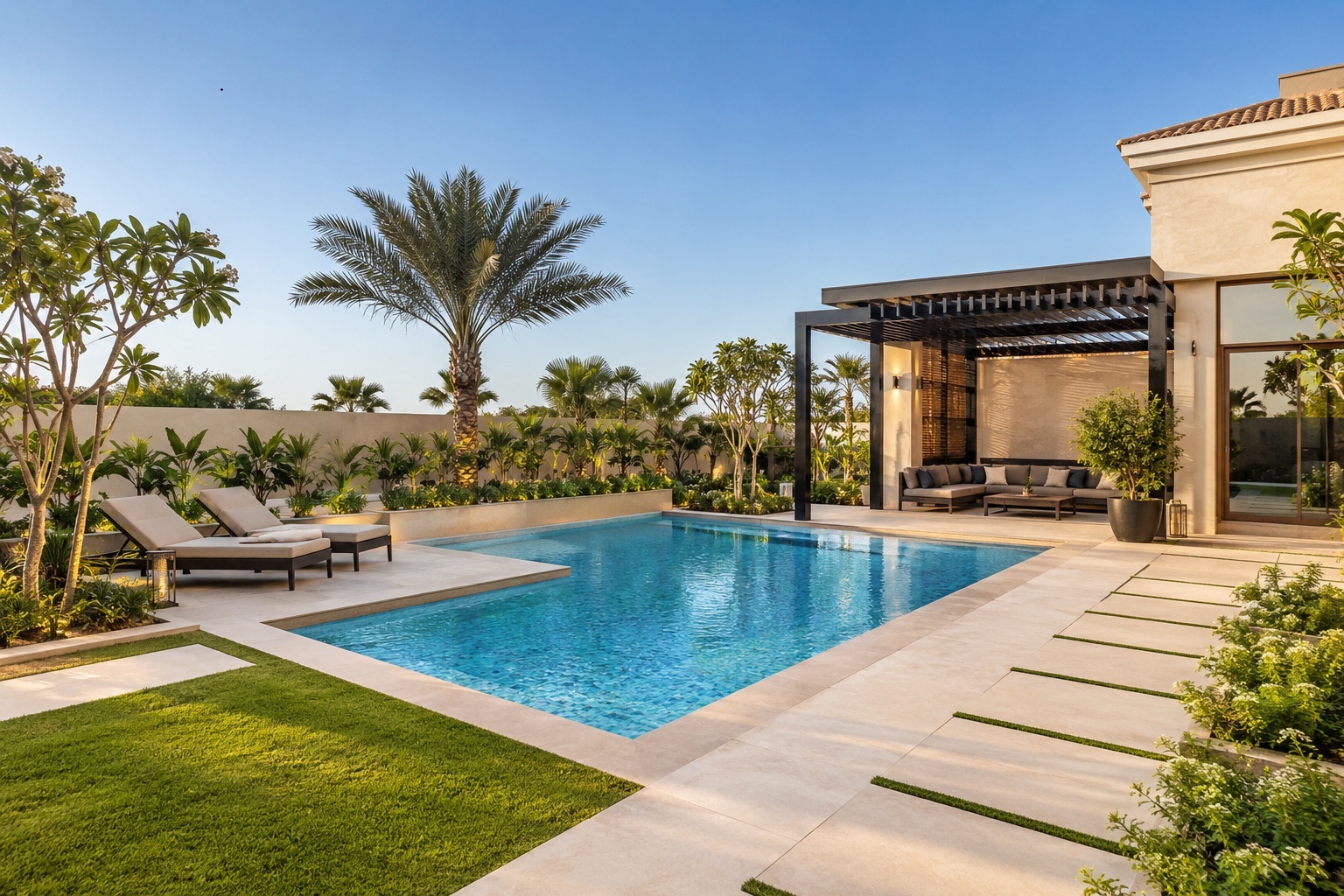Modern Dubai villa featuring a swimming pool, landscaped garden, pergola, outdoor seating, lush greenery, and tiled walkways designed as one integrated outdoor living space.