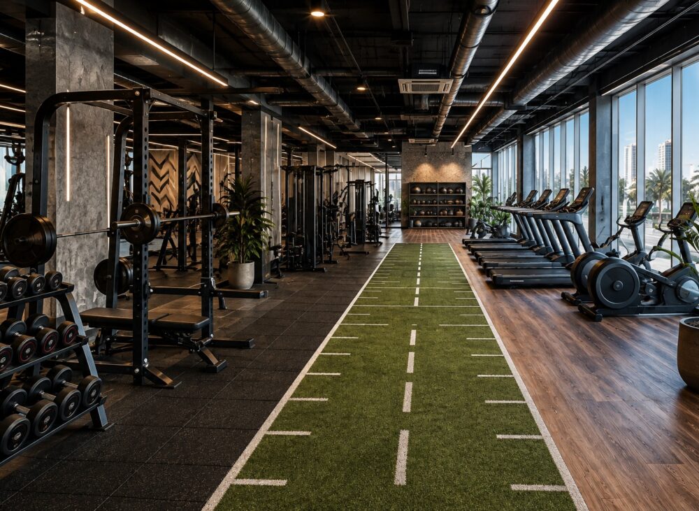 Modern gym interior with zoned flooring, fitness equipment and visible ventilation in Dubai