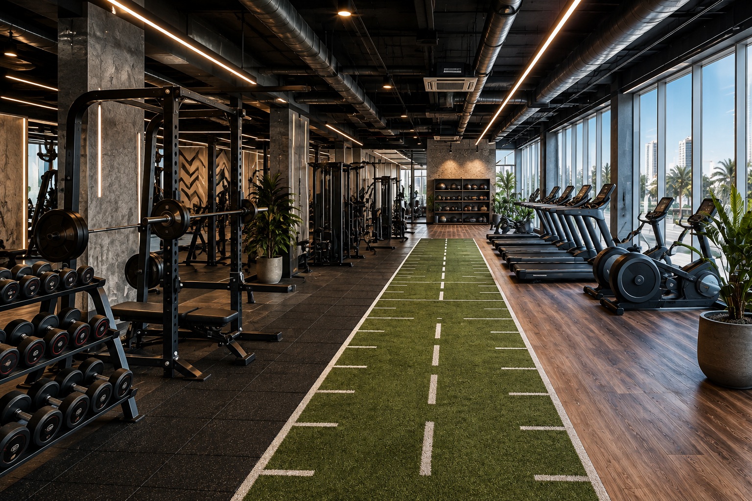 Modern gym interior with zoned flooring, fitness equipment and visible ventilation in Dubai