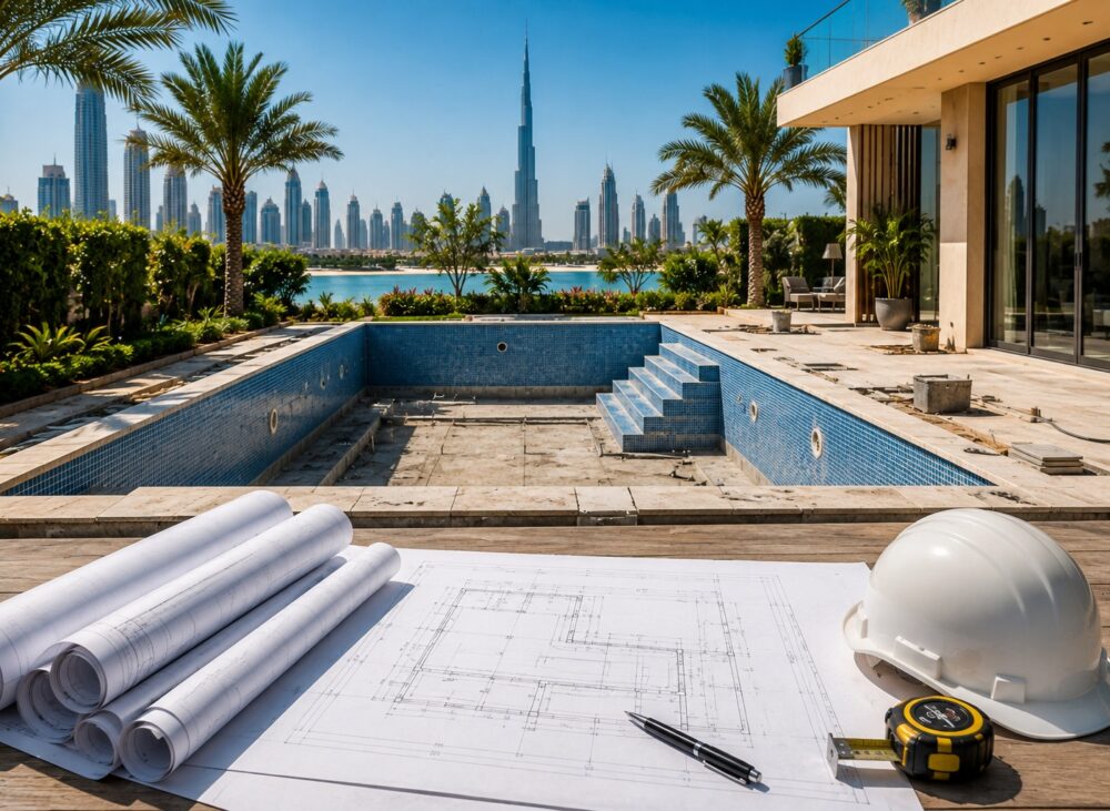 Pool construction planning with blueprints at a Dubai villa