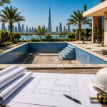 Pool construction planning with blueprints at a Dubai villa