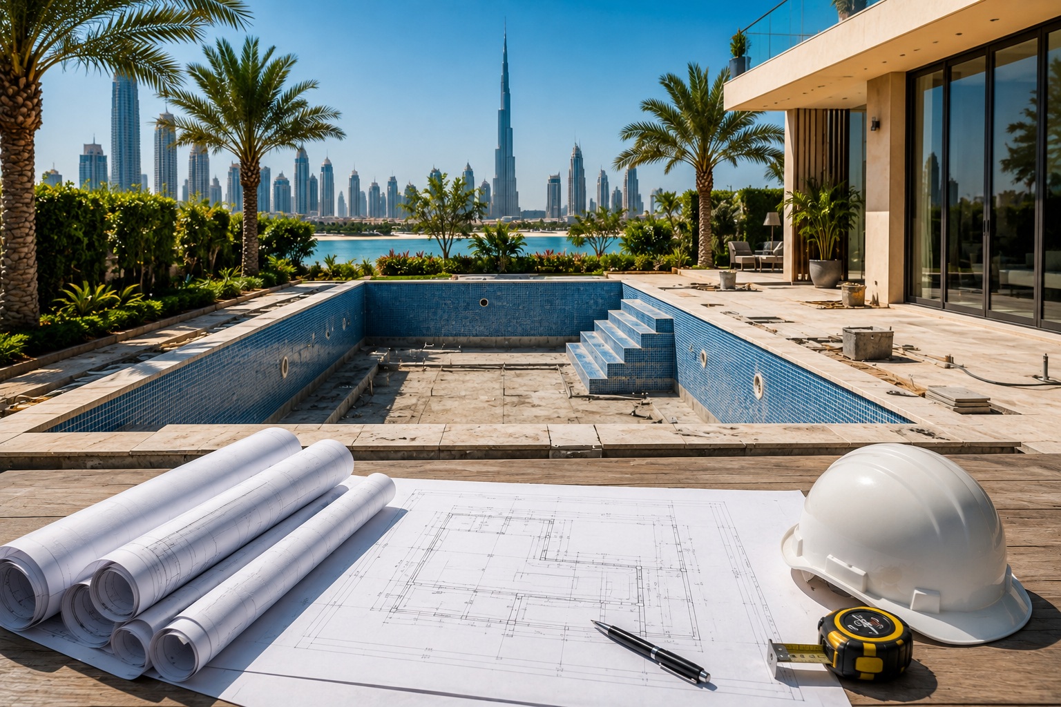 Pool construction planning with blueprints at a Dubai villa
