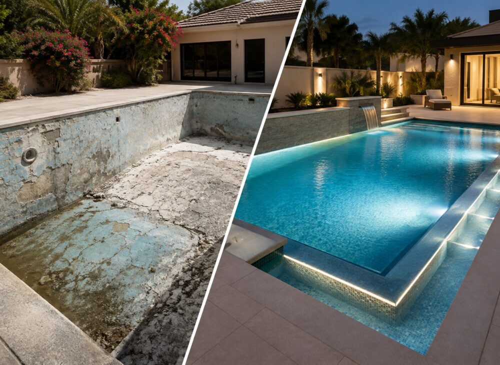 Swimming pool renovation before and after in Dubai