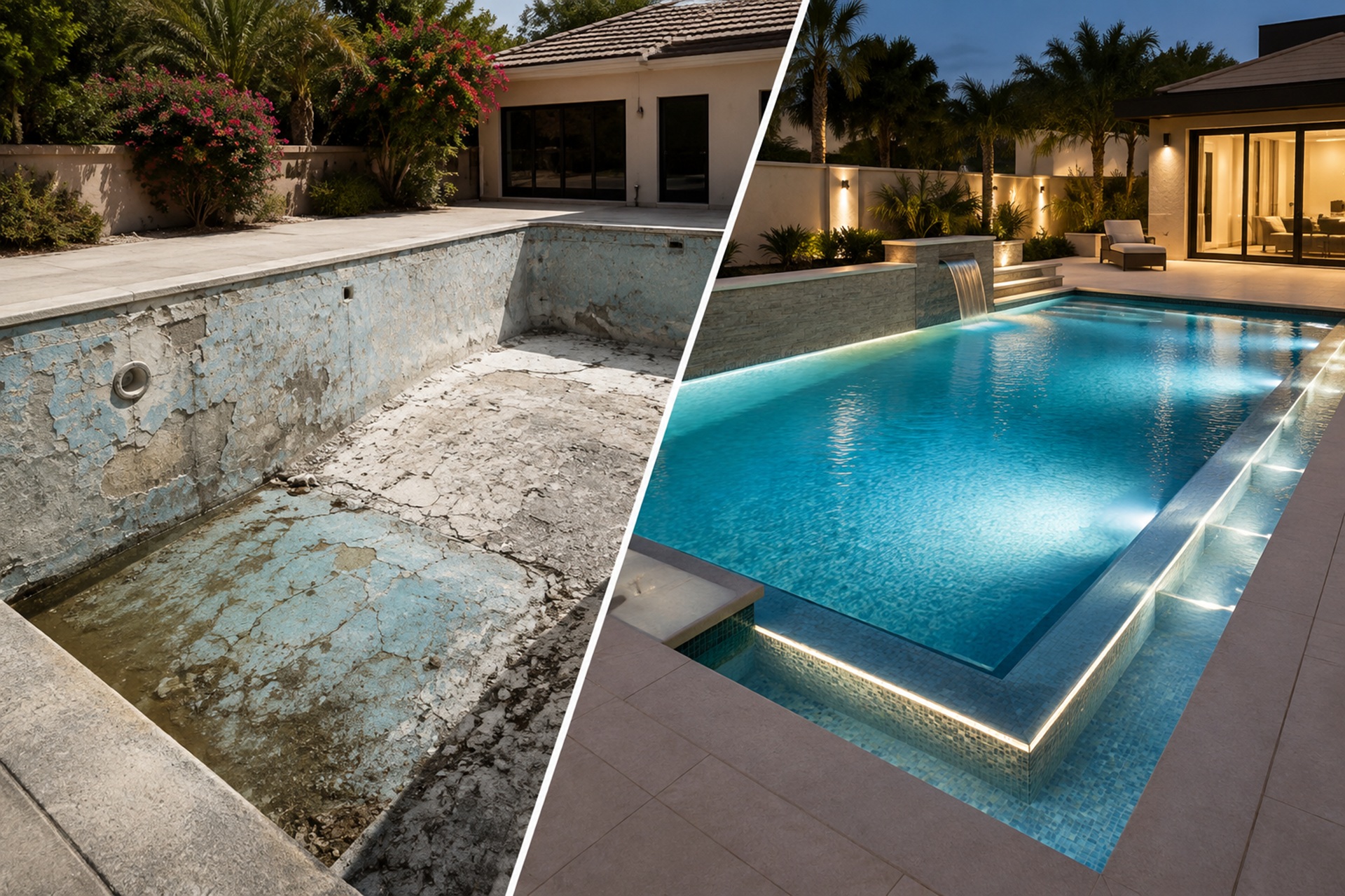Swimming pool renovation before and after in Dubai