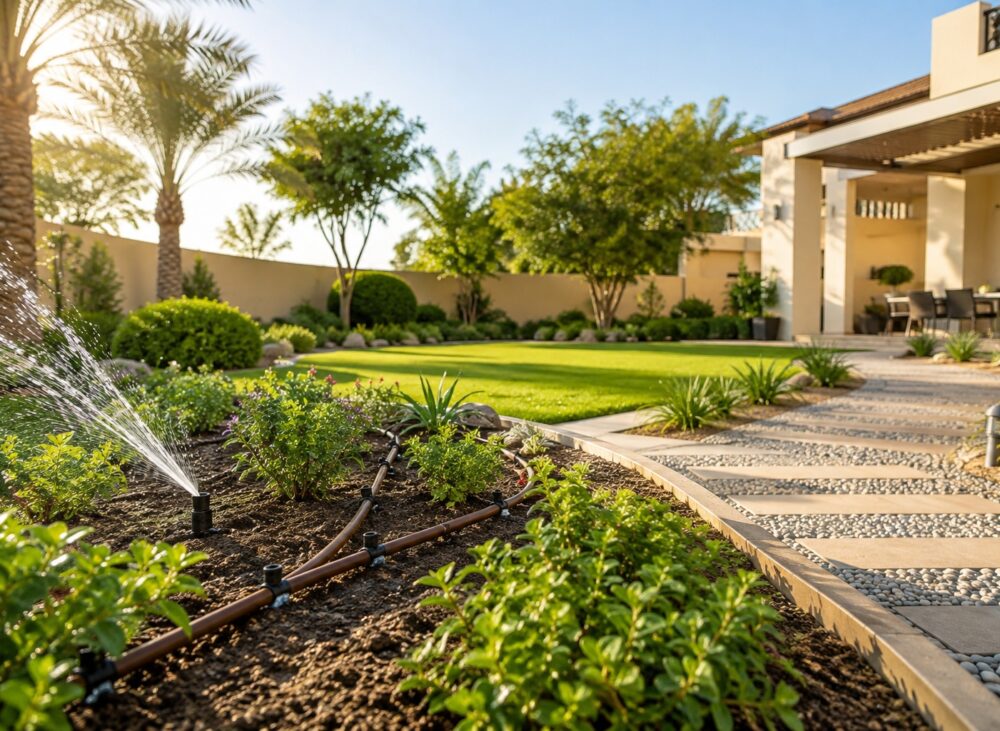 Water-efficient Dubai villa garden with drip irrigation and lawn