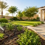 Water-efficient Dubai villa garden with drip irrigation and lawn