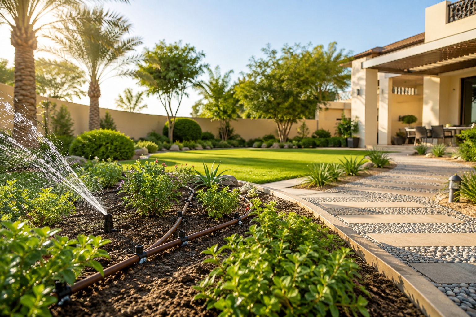 Water-efficient Dubai villa garden with drip irrigation and lawn