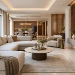 Modern villa interior in Dubai with a neutral living room, wooden feature wall and layered lighting