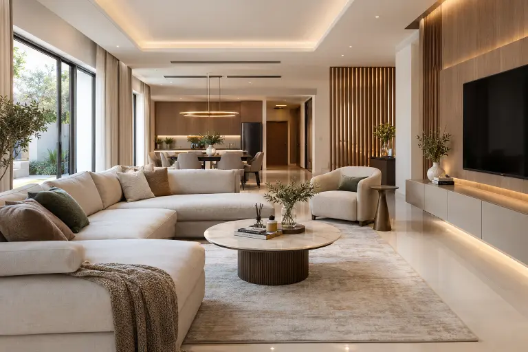 Modern villa interior in Dubai with a neutral living room, wooden feature wall and layered lighting